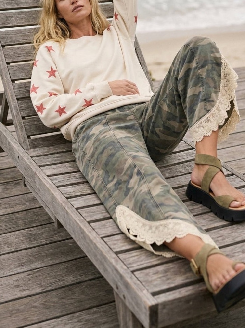 Effortless Boho Vibe: LovLov Lace Tulip Washed Camo Relaxed Fit Jeans Pants - Picture 6 of 6